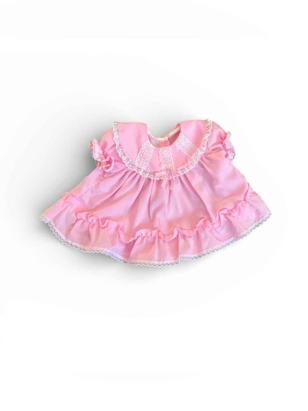 Vintage Handmade Pink Baby Dress with Lace Trim Bow Button Ruffles Sz 0-6 Months